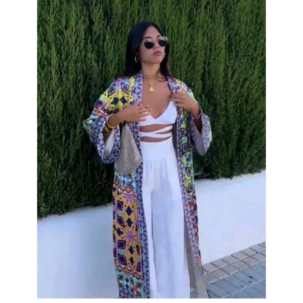 Zara Kimono Robe XS Wild Print Patchwork Midi Open Front with Tie Satin Lining - Picture 9 of 16
